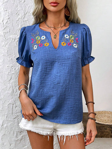 LUNE Women Fashion Flower Print Bubble Sleeve Shirt