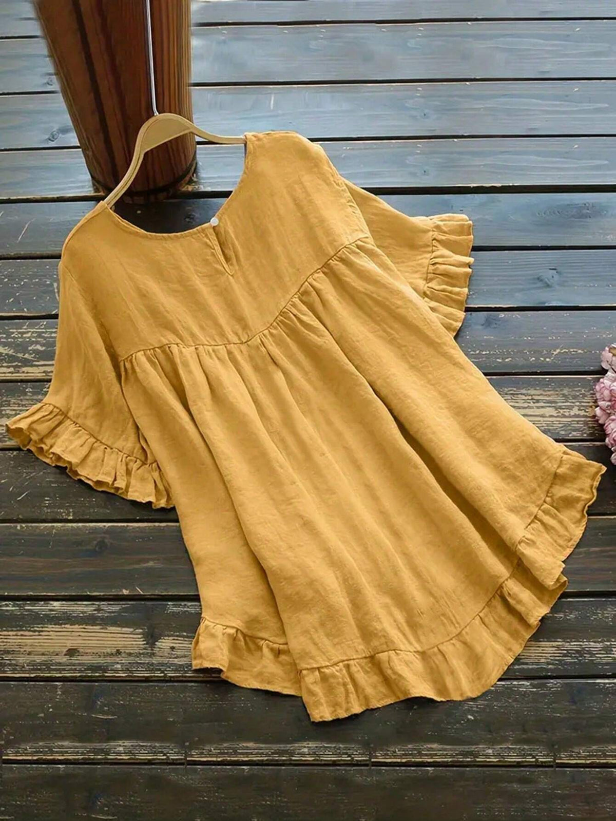 LUNE Women Fashion Solid Color Loose Fit Lace Trim Short Sleeve Blouse