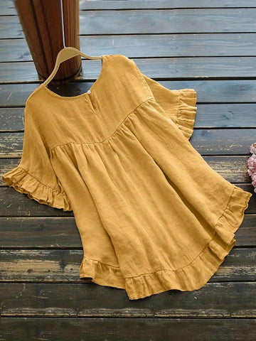 LUNE Women Fashion Solid Color Loose Fit Lace Trim Short Sleeve Blouse