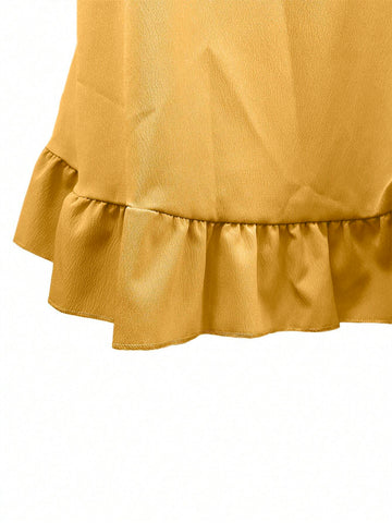 LUNE Women Fashion Solid Color Loose Fit Lace Trim Short Sleeve Blouse