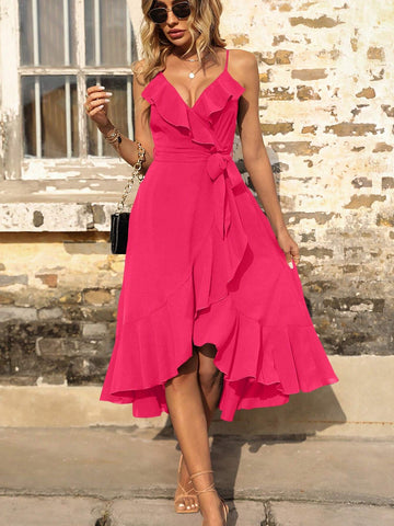 Women Fashionable Halter Neck Split Long Dress With Ruffle Detail