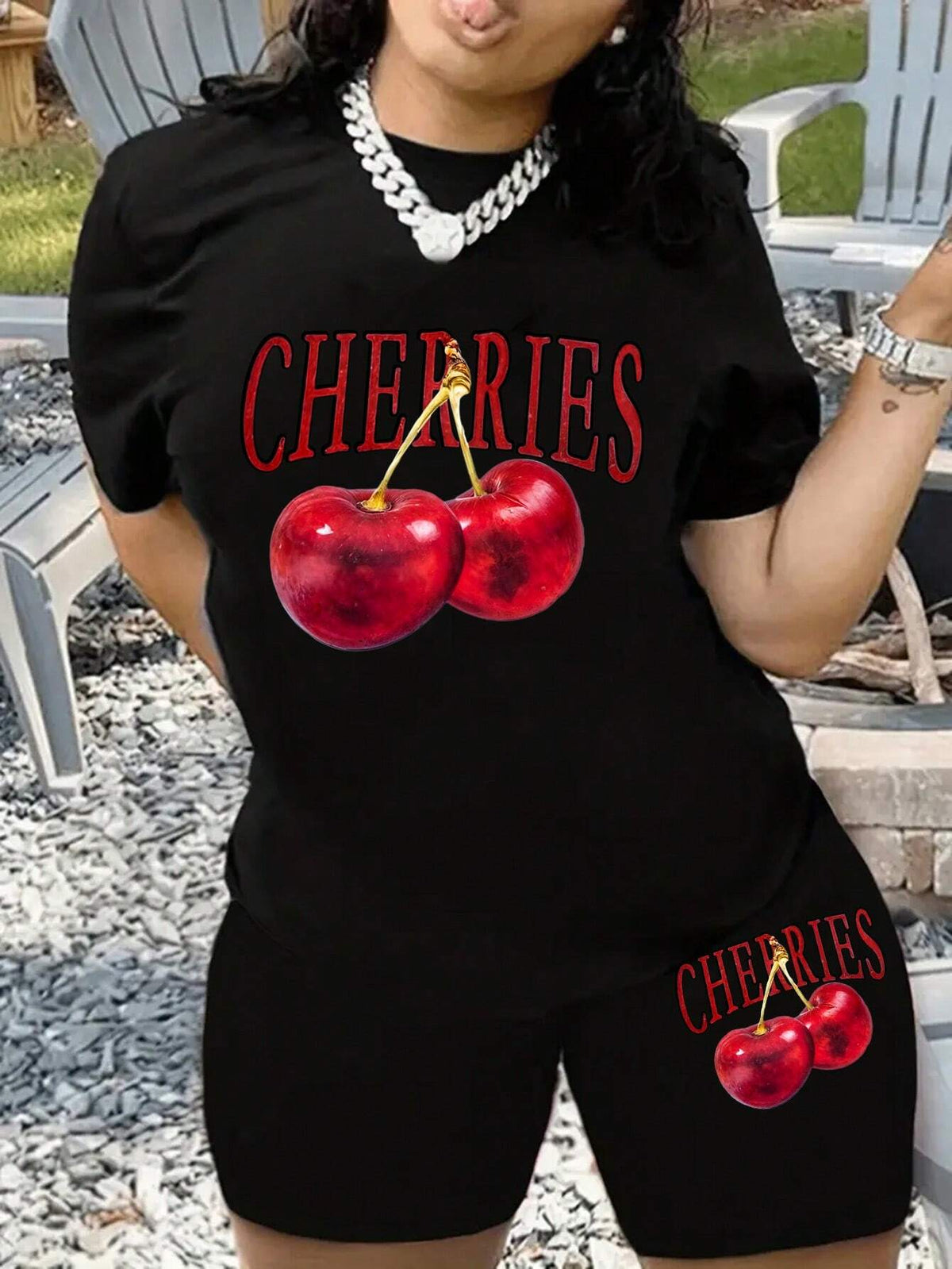 Women Fashionable Loose Cherry Printed Short Sleeve And Shorts Set