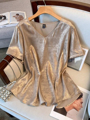 LUNE Women Fashionable Short Sleeve V-Neck Shirt With Metallic Fabric