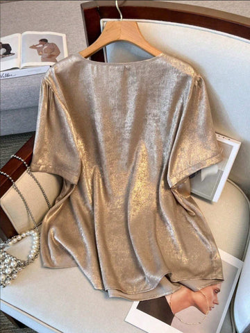 LUNE Women Fashionable Short Sleeve V-Neck Shirt With Metallic Fabric