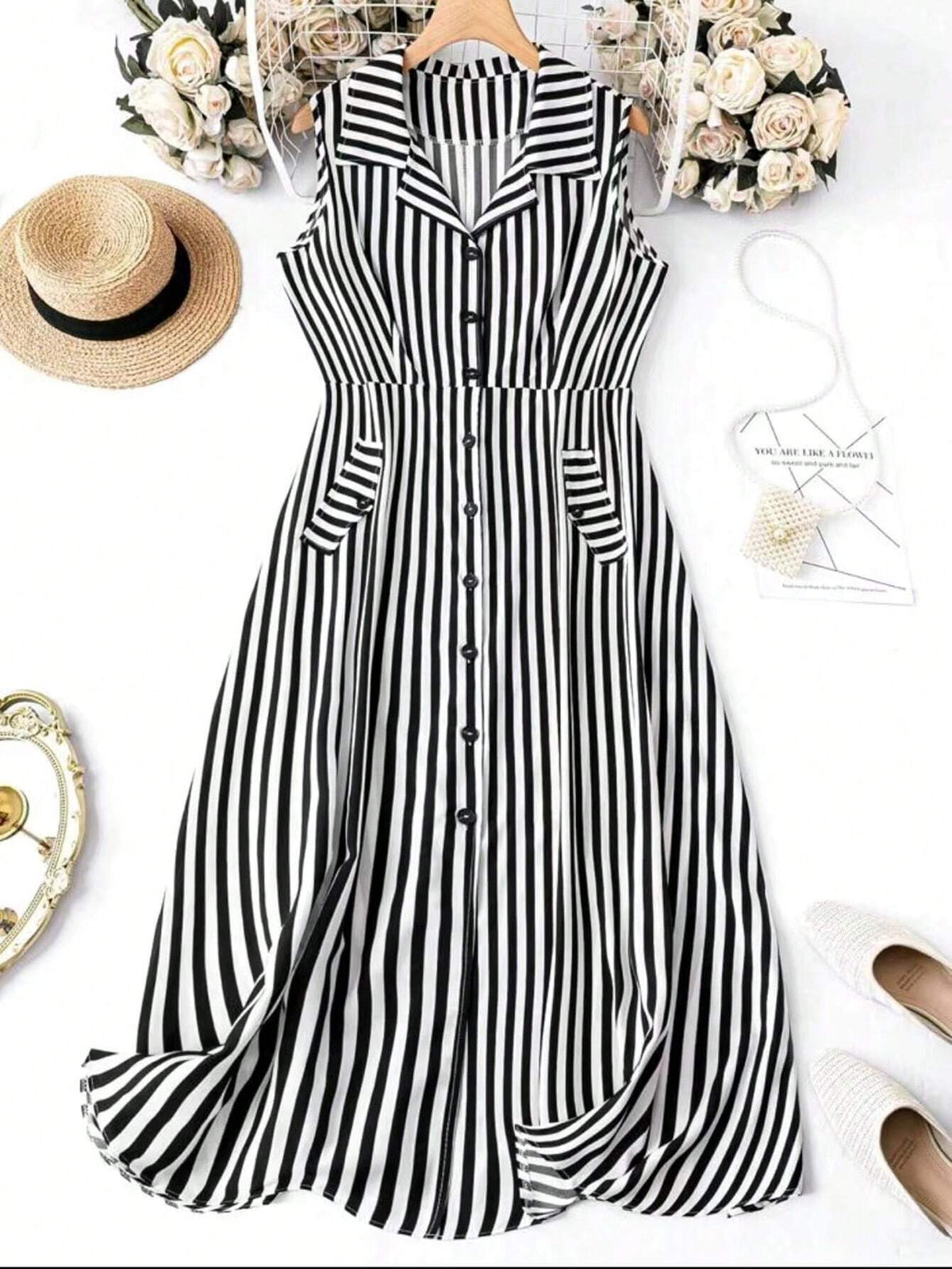 Women Fashionable Sleeveless Striped Shirt Dress