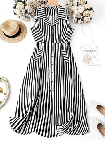 Women Fashionable Sleeveless Striped Shirt Dress