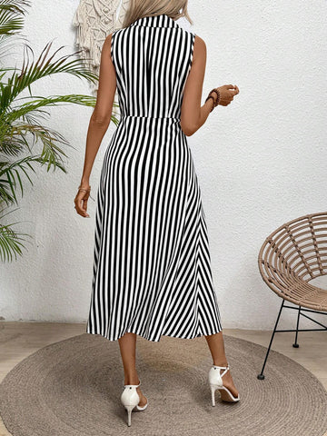 Women Fashionable Sleeveless Striped Shirt Dress