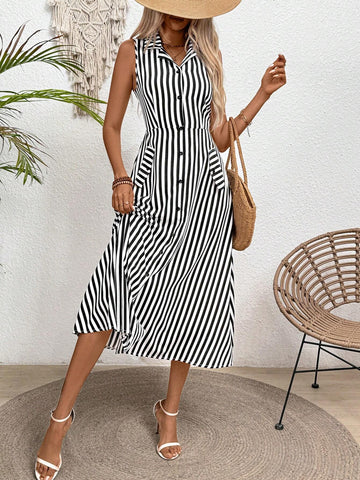 Women Fashionable Sleeveless Striped Shirt Dress