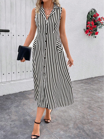 Women Fashionable Sleeveless Striped Shirt Dress