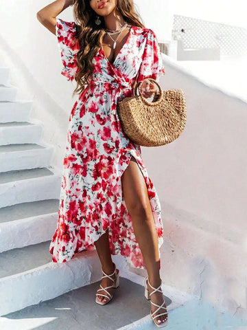 Women Floral All-Over Print Maxi Dress With Ruffled Hem & Slit, Perfect For Vacation & Leisure