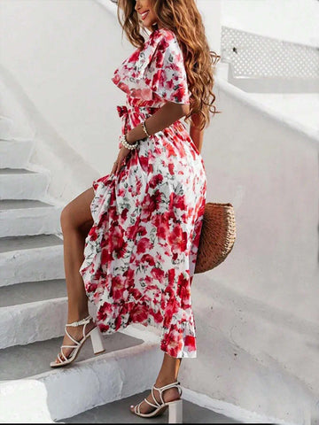 Women Floral All-Over Print Maxi Dress With Ruffled Hem & Slit, Perfect For Vacation & Leisure
