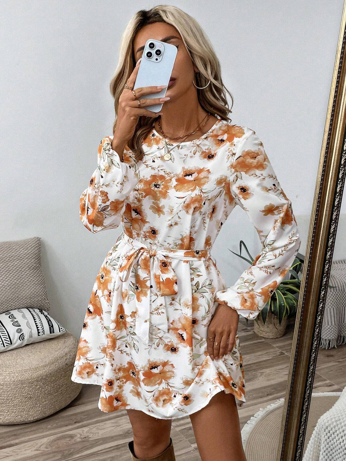 Women Floral Print Cinched Waist A-Line Waist Long Sleeve Elastic Cuff Short Dress