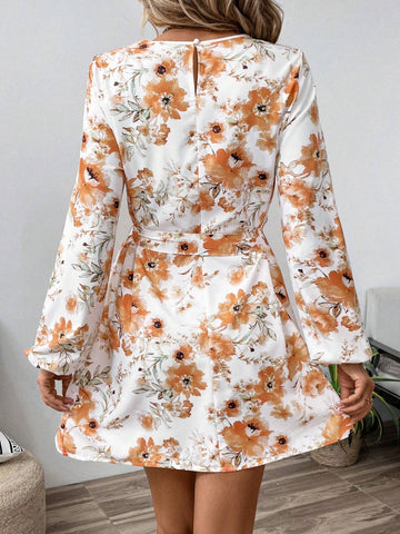 Women Floral Print Cinched Waist A-Line Waist Long Sleeve Elastic Cuff Short Dress