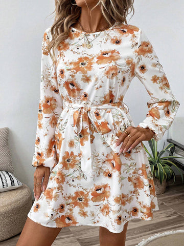 Women Floral Print Cinched Waist A-Line Waist Long Sleeve Elastic Cuff Short Dress