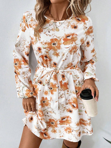 Women Floral Print Cinched Waist A-Line Waist Long Sleeve Elastic Cuff Short Dress