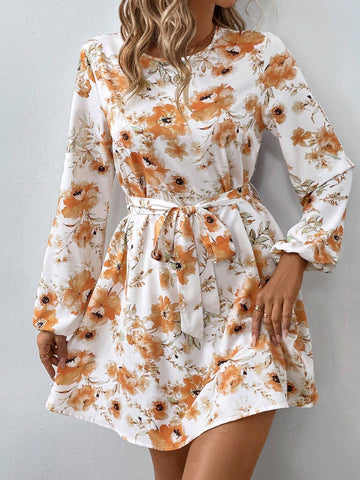 Women Floral Print Cinched Waist A-Line Waist Long Sleeve Elastic Cuff Short Dress