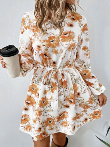 Women Floral Print Cinched Waist A-Line Waist Long Sleeve Elastic Cuff Short Dress