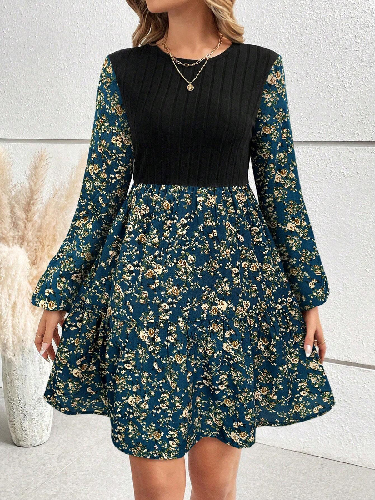 Women Floral Print Patchwork Lantern Sleeve Casual Daily Dress, Autumn