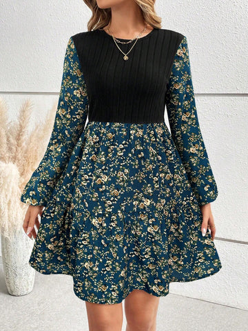 Women Floral Print Patchwork Lantern Sleeve Casual Daily Dress, Autumn