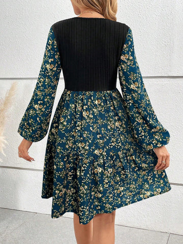 Women Floral Print Patchwork Lantern Sleeve Casual Daily Dress, Autumn