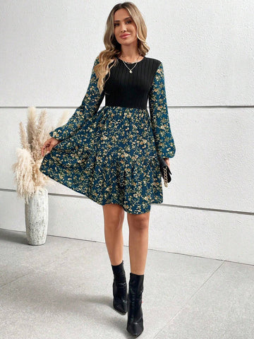 Women Floral Print Patchwork Lantern Sleeve Casual Daily Dress, Autumn