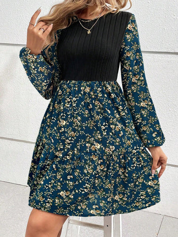 Women Floral Print Patchwork Lantern Sleeve Casual Daily Dress, Autumn