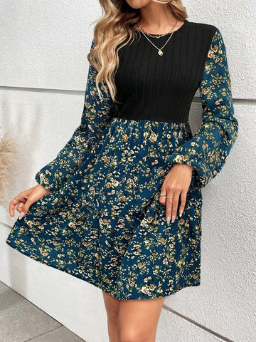 Women Floral Print Patchwork Lantern Sleeve Casual Daily Dress, Autumn