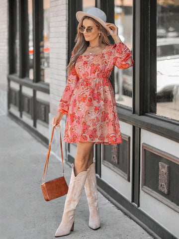 Women Floral Print Square Neck Casual Short Dress