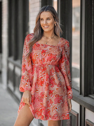 Women Floral Print Square Neck Casual Short Dress