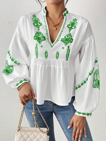 LUNE Women Floral Print V Neck Dolman Sleeve Blouse, Autumn