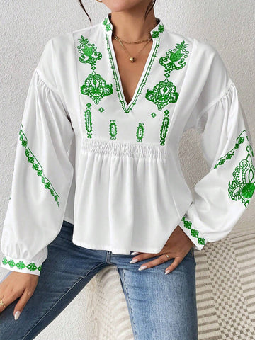 LUNE Women Floral Print V Neck Dolman Sleeve Blouse, Autumn