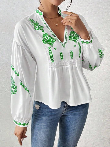 LUNE Women Floral Print V Neck Dolman Sleeve Blouse, Autumn