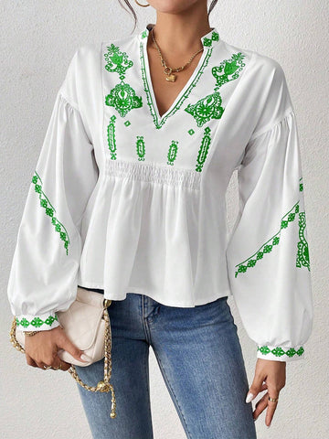 LUNE Women Floral Print V Neck Dolman Sleeve Blouse, Autumn