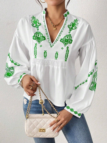 LUNE Women Floral Print V Neck Dolman Sleeve Blouse, Autumn