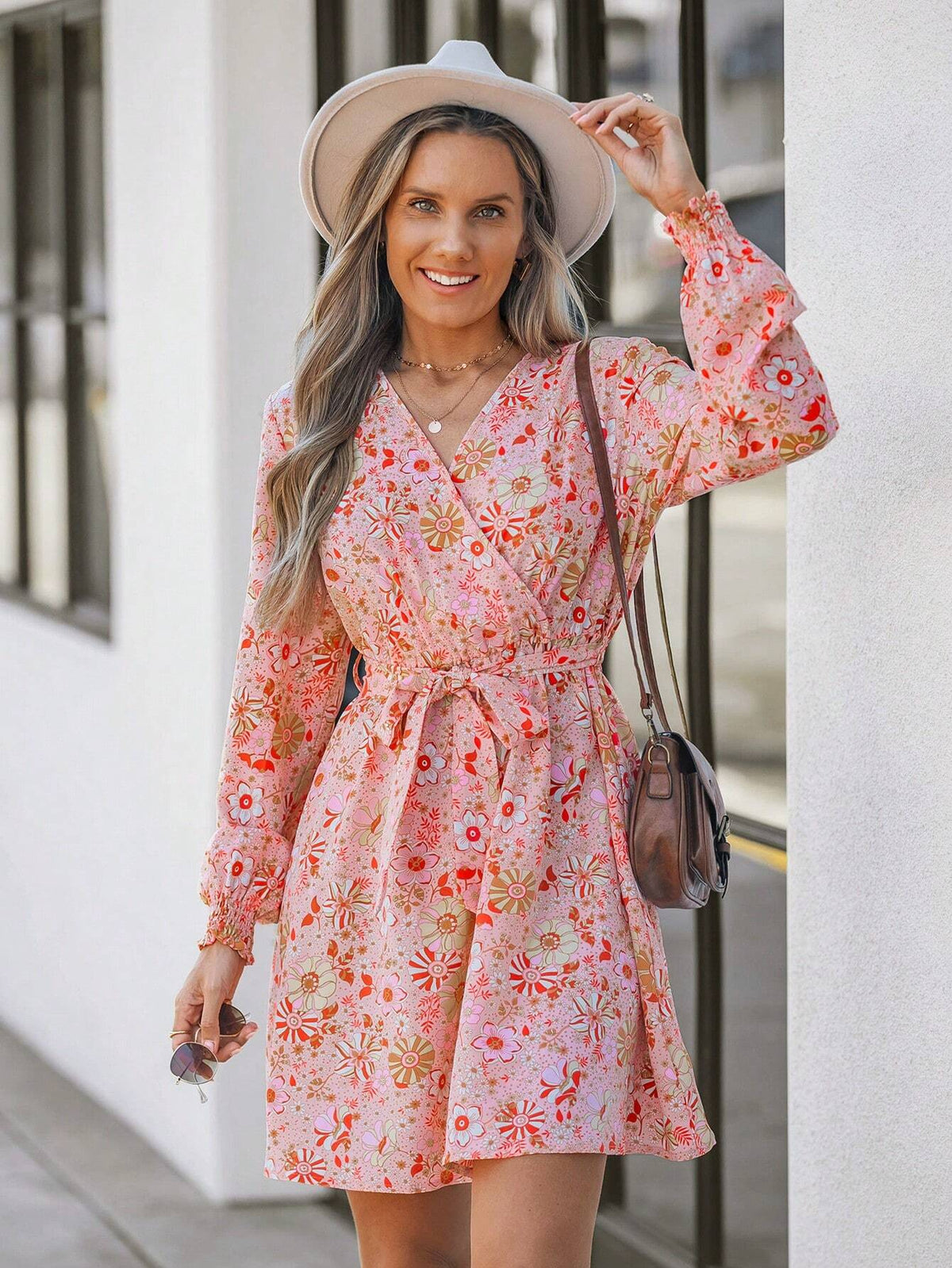 Women Floral Water-Print Collared Short Dress