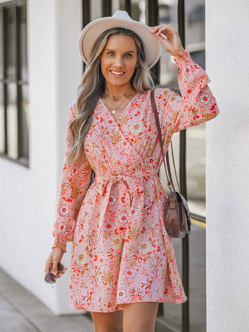 Women Floral Water-Print Collared Short Dress