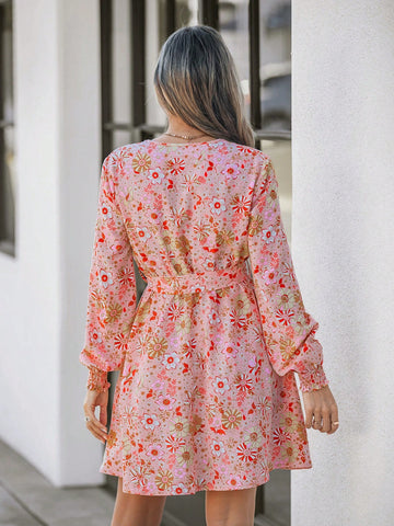 Women Floral Water-Print Collared Short Dress
