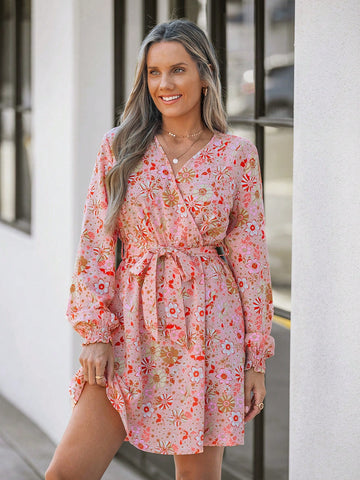 Women Floral Water-Print Collared Short Dress