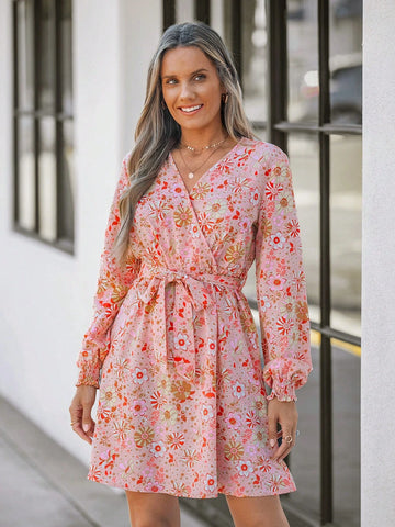 Women Floral Water-Print Collared Short Dress