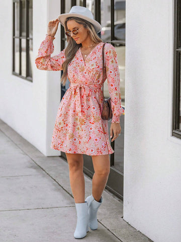 Women Floral Water-Print Collared Short Dress