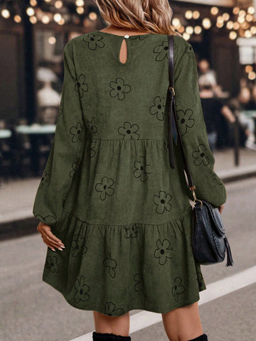 Women Flower Print Round Neck Long Sleeve Minimalist Casual Short Dress