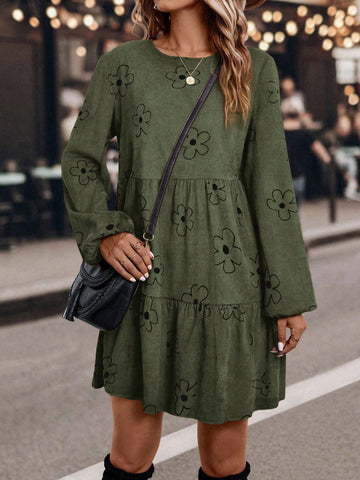 Women Flower Print Round Neck Long Sleeve Minimalist Casual Short Dress