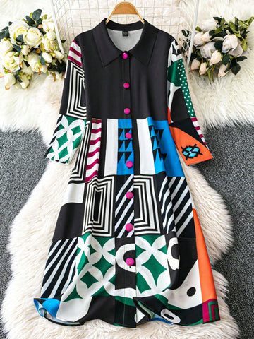 Women Geometric Print 3/4 Sleeve Long Casual Shirt Dress, Summer