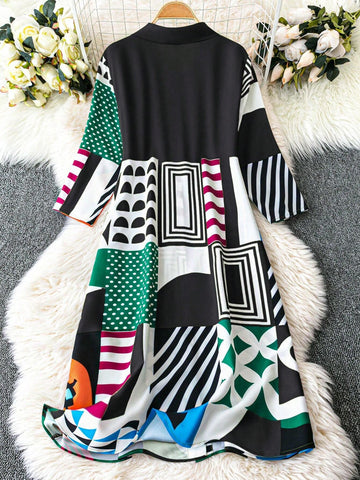 Women Geometric Print 3/4 Sleeve Long Casual Shirt Dress, Summer