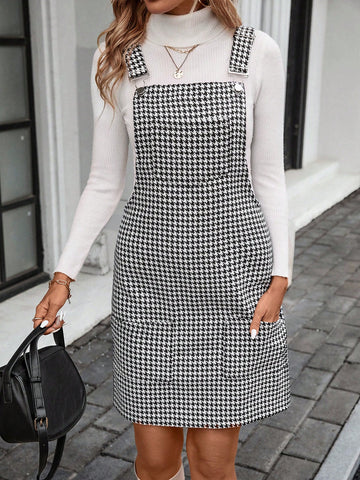 Women Houndstooth Jumper Dress With Suspenders, Casual Daily Match, Autumn/Winter