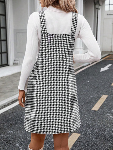 Women Houndstooth Jumper Dress With Suspenders, Casual Daily Match, Autumn/Winter