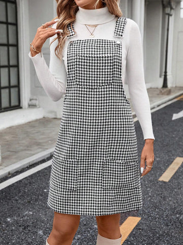 Women Houndstooth Jumper Dress With Suspenders, Casual Daily Match, Autumn/Winter