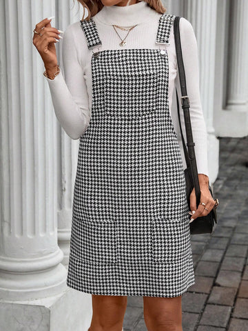 Women Houndstooth Jumper Dress With Suspenders, Casual Daily Match, Autumn/Winter