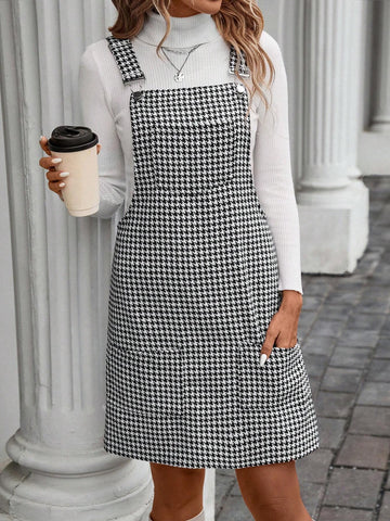Women Houndstooth Jumper Dress With Suspenders, Casual Daily Match, Autumn/Winter