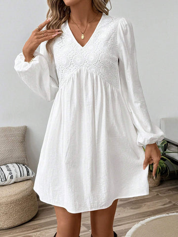 Women Lace Patchwork Long Sleeve Casual Mini Dress
